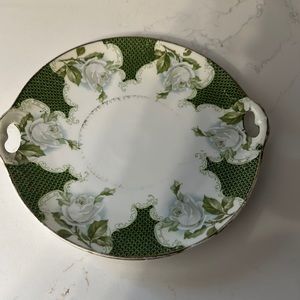 Vintage Germany plate green flowers cutout handles china gold rim serving dish